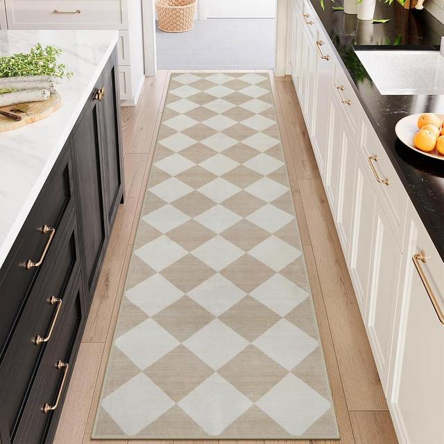 Beeiva Checkered Print Long Hallway Runner Rug Non Slip, Beige Ultra Thin 2.5x10 Washable Runner Rug, Moroccan Trellis Home Decor Faux Wool Neutral Carpet for Bathroom Kitchen Hallways, 10ft