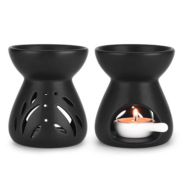 ComSaf Essential Oil Burner Wax Melt Burners Set of 2, Aromatherapy Aroma Burner Ceramic Oil Diffuser Candle Tealight Holder Home Bedroom Decor Christmas Housewarming Gift, Black