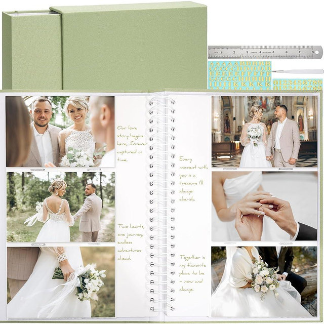 Vienrose Photo Album Linen Cover 4x6 with Writing Areas 300 Pockets Picture Albums Photos Book with Slipcase Metal Stickers Tweezers Ruler for Wedding Family Baby Anniversary Travel Graduction Green