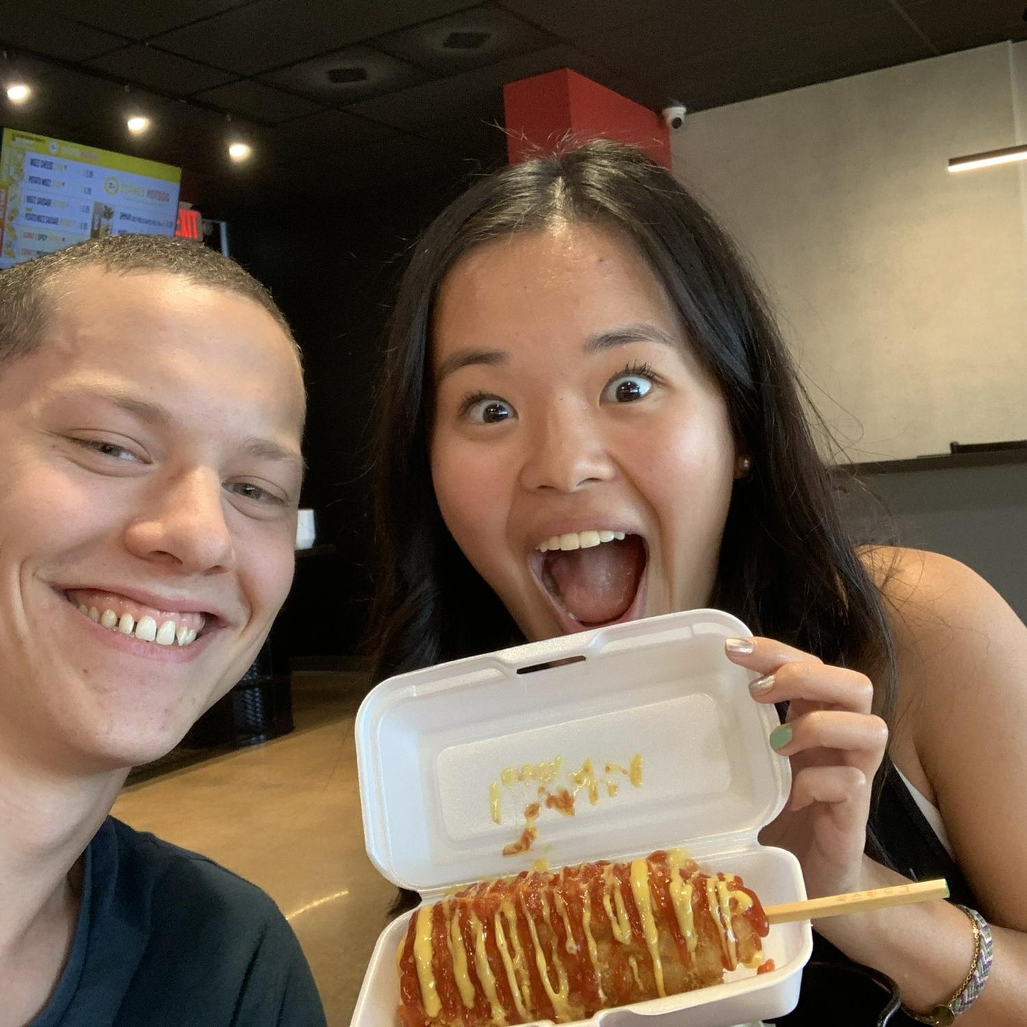 We love trying new foods together - here Madeline introduced Nick to a Korean corn dog:)