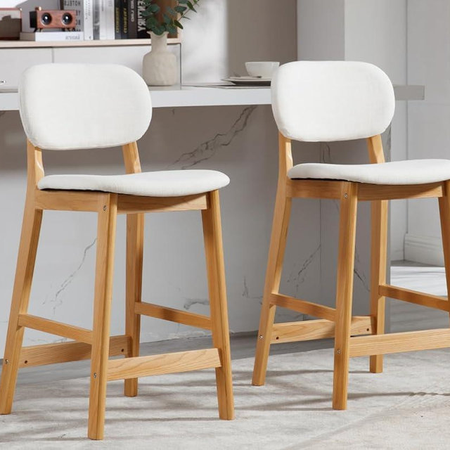 Shunzhi Upholstered Counter Height Bar Stools Set of 2 Farmhouse Barstools with Curved Back Boho Wood Kitchen Island Chairs Comfy Bar Chairs for Pub/Home Bar, 26Inch, Linen Beige