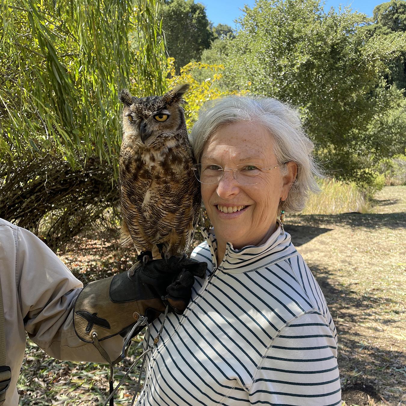 Jan getting “cheeky” with a Great Horned Owl.” Post Ranch Inn, 2022