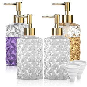 Crystal Glass Soap Dispenser, 330ml/12oz. Clear Glass Lotion Soap Dispenser with Gold Pump, Crystal Design Reusable Hand Soap Dispenser for Kitchen Dish Soap, Shower Gel, Shampoo(4 Pack)