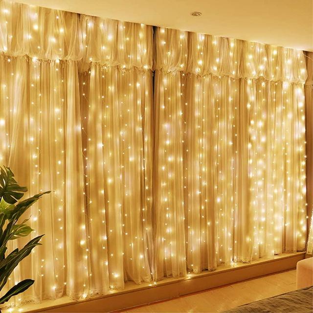 HXWEIYE 300LED Fairy Curtain Lights, USB Plug in 8 Modes Fairy String Hanging Lights with Remote Controller for Bedroom, Indoor, Outdoor, Weddings, Party, Decorations（9.8x9.8Ft, Warm White）