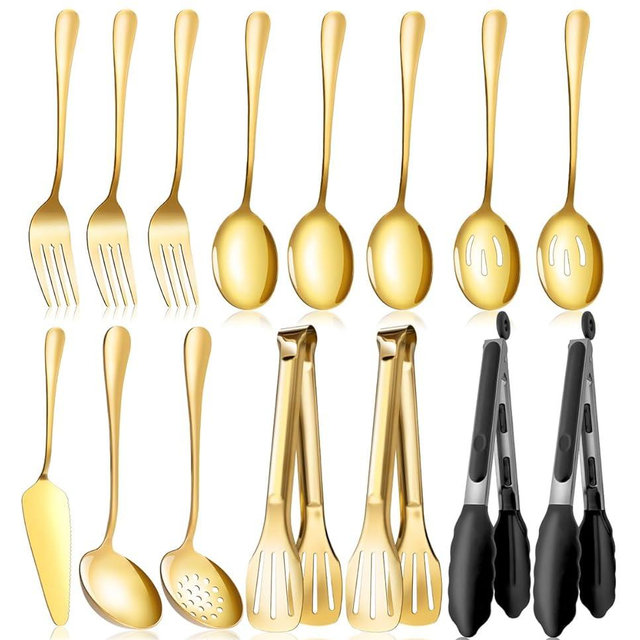 Gold Serving Utensils Set for Partie, Stainless Steel Metal Large Serving Spoons, Slotted Spoons, Forks, Tongs, Soup Spoons, Skimmer Spoon, Cake Server for Buffet, Catering, Entertaining 15pcs