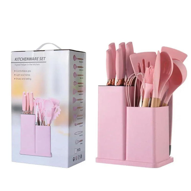 19 Piece Kitchenware Utensils and Knife Set- includes: 9 Piece Silicone Cooking Utensils- 5 Piece Sharp Stainless Steel Chef Knives- Scissors -Whisk Tongs and Cutting Board (Pink)
