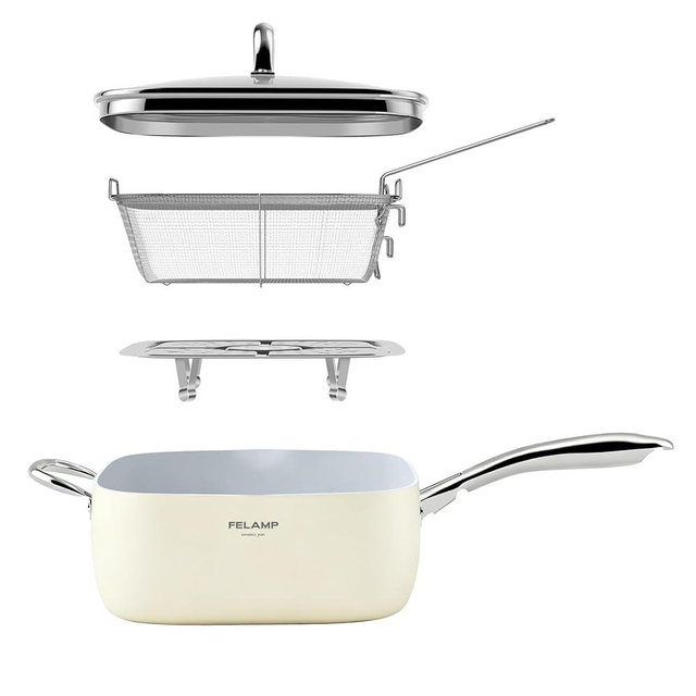 FELAMP 9.5-Inch Ceramic Nonstick Deep Square Frying Pan Set with Glass Lid, Stainless Steel Fry Basket & Steamer Rack, Induction Compatible, Oven &Dishwasher Safe, 4-Piece Square Pan Chef Cookware Set