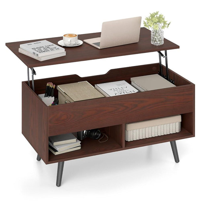 Giantex Lift Top Coffee Table, Modern Cocktail Table w/Hidden Compartment & 2 Open Shelves, Flip Top Center Table, Wooden Pull up Coffee Table for Living Room, Reception Room, Office (Walnut)