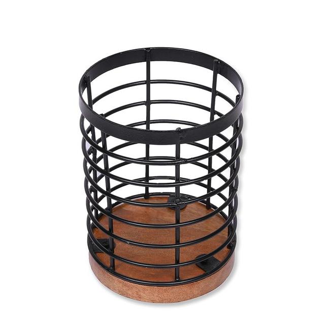 EDHAS Black Iron Kitchen Utensil Holder with Acacia Wooden Base Round Flatware Storage for Countertop (4.5" x 4.5" x 6")
