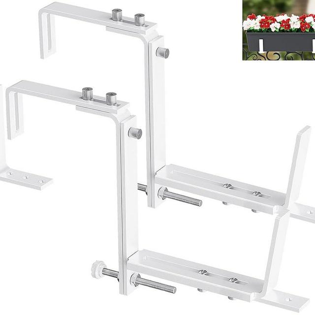 Y&M 2 Pack Deck Railing Adjustable Planter Box Brackets (6 to 12.5 in), Universal Window Box Brackets, Heavy Duty Iron Flower Box Wall Mounting Hooks for Balcony, Fences, Patio, and Garden - White
