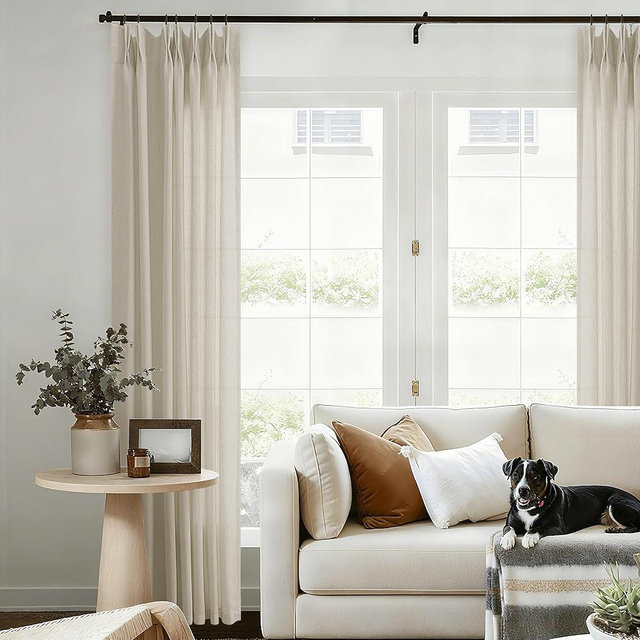 Linen Curtains 90 Inches Long for Living Room Pinch Pleat Drapes with Hooks Rings Back Tab Neutral Greyish Beige Taupe Semi Sheer Pleated Curtain 90 Inch Length for Bedroom Dining Office 1 Panel