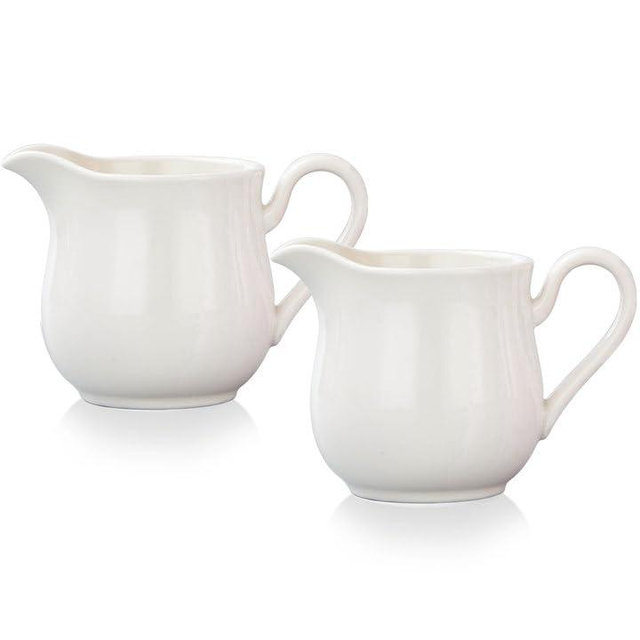 CHILDIKE 2 Pack Creamer Pitcher Set 8 oz, Ceramic Creamer with Handle, Small White Milk Container, Creamers Pitcher for Coffee Milk Tea Sauce Salad, Microwave and Dishwasher Safe