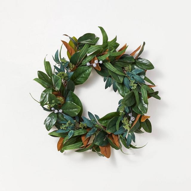 26" Artificial Magnolia Wreath White/Green - Threshold™ designed with Studio McGee