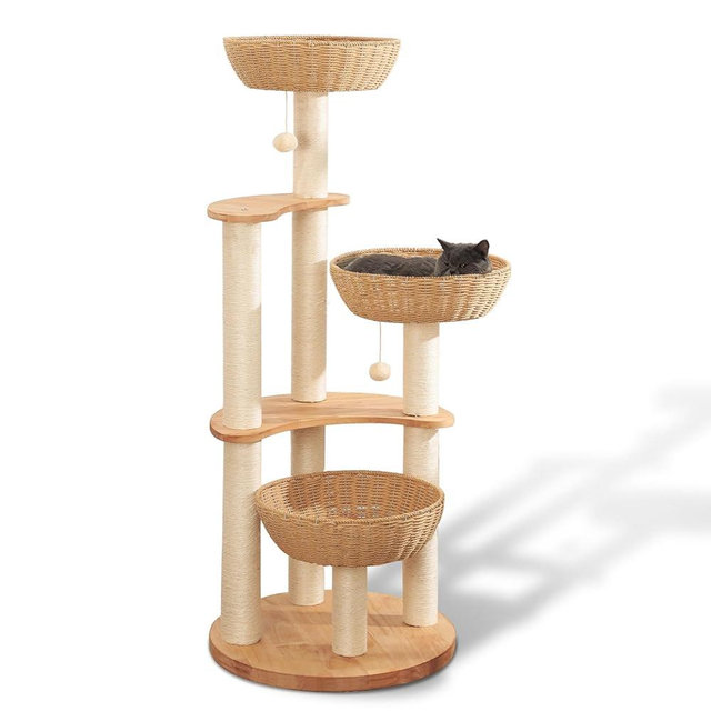 54" Modern Cat Tree Tower for Indoor Cats, Solid Oak Cat Scratching Tree for Multiple Large Cats, Manual Hand Woven Luxury Cat Condo, Unique High-end Design Cat Furniture Activity Centre, Easy Clean