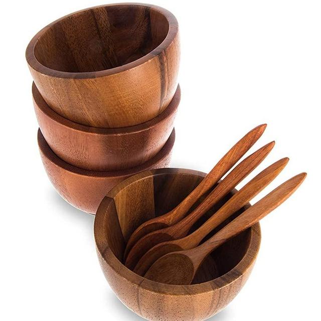 BestySuperStore Acacia Mini Wood Bowl, Side dish bowl for Salad Dressing, Rice, Dip Sauce, Nuts, Candy, Fruits, Appetizer, and Snacks, Dia 4"x 2.5 H - Set of 4 (FREE 4 Wood Spoons)
