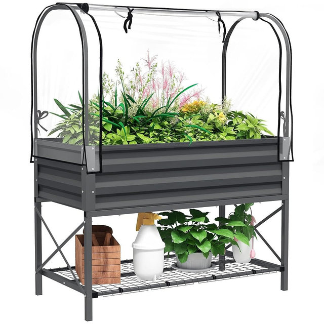 Outsunny Raised Garden Bed with Cover and Storage Shelf, Rectangular Metal Elevated Planter Box with Legs and Bed Liner for Vegetables, Flowers, Herbs, Dark Gray