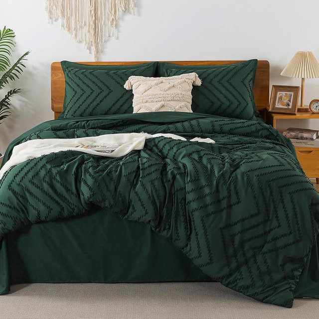 Litanika California King Comforter Set with Sheets Emerald Green - 7 Pieces Cal King Bed in a Bag Chevron Tufted Complete Beddding Sets with Comforter, Sheets, Pillowcases & Shams