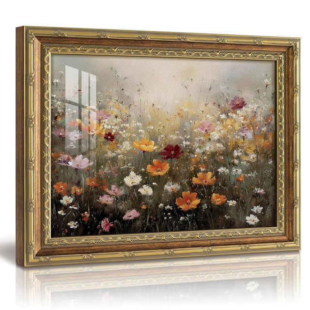 InSimSea 13x16 Gold Framed Vintage Wildflower Floral Print Canvas Wall Art with Glass Cover, Muted Tones Cottagecore Wall Decor Artwork for Living Room, Bedroom, Farmhouse Bathroom, Office