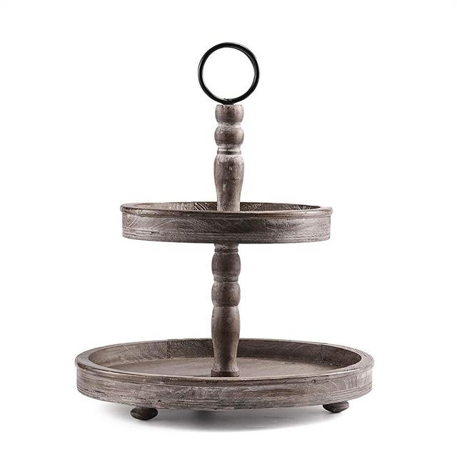 HYGGEISM Two Tier Tray Distressed Wood 2 Tiered Serving Tray Farmhouse, Decorative Wooden Rustic Cake Stand for Kitchen Counter Table (Round Handle)