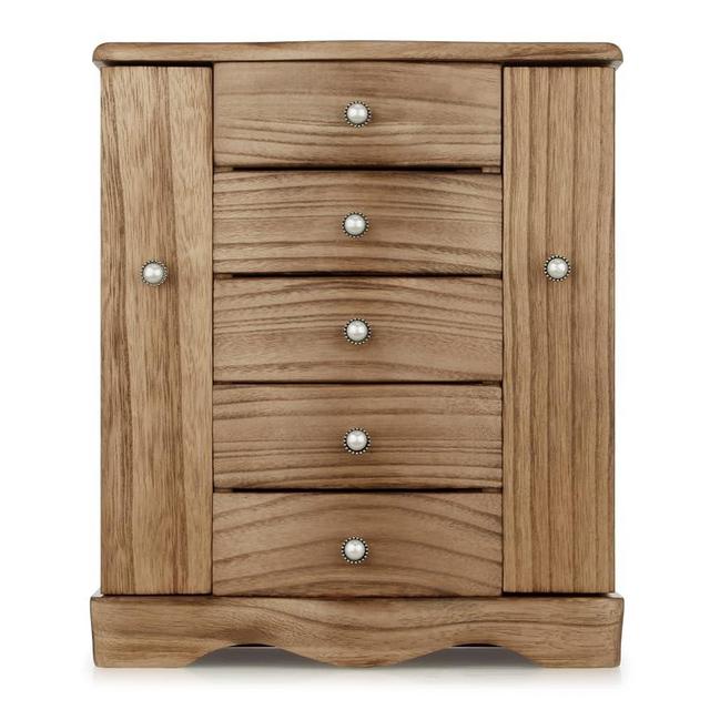 RR ROUND RICH DESIGN Jewelry Box - Made of Solid Wood with Tower Style 4 Drawers Organizer and 2 Separated Open Doors on 2 Sides and Large Mirror Natural