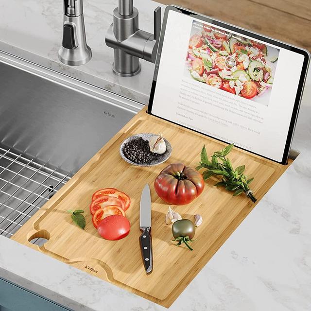 Kraus KCBT-WS103BB Solid Bamboo Cutting Board with Mobile Device Holder for Workstation Kitchen Sink (16 3/4 in. x 12