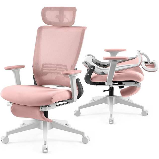 Foldable Office Chair with Foot Rest, Ergonomic Office Chair with Adjustable Lumbar Support, Headrest, Armrest, High Back Mesh Chair, Home Office Desk Chair for Space Saving, Pink
