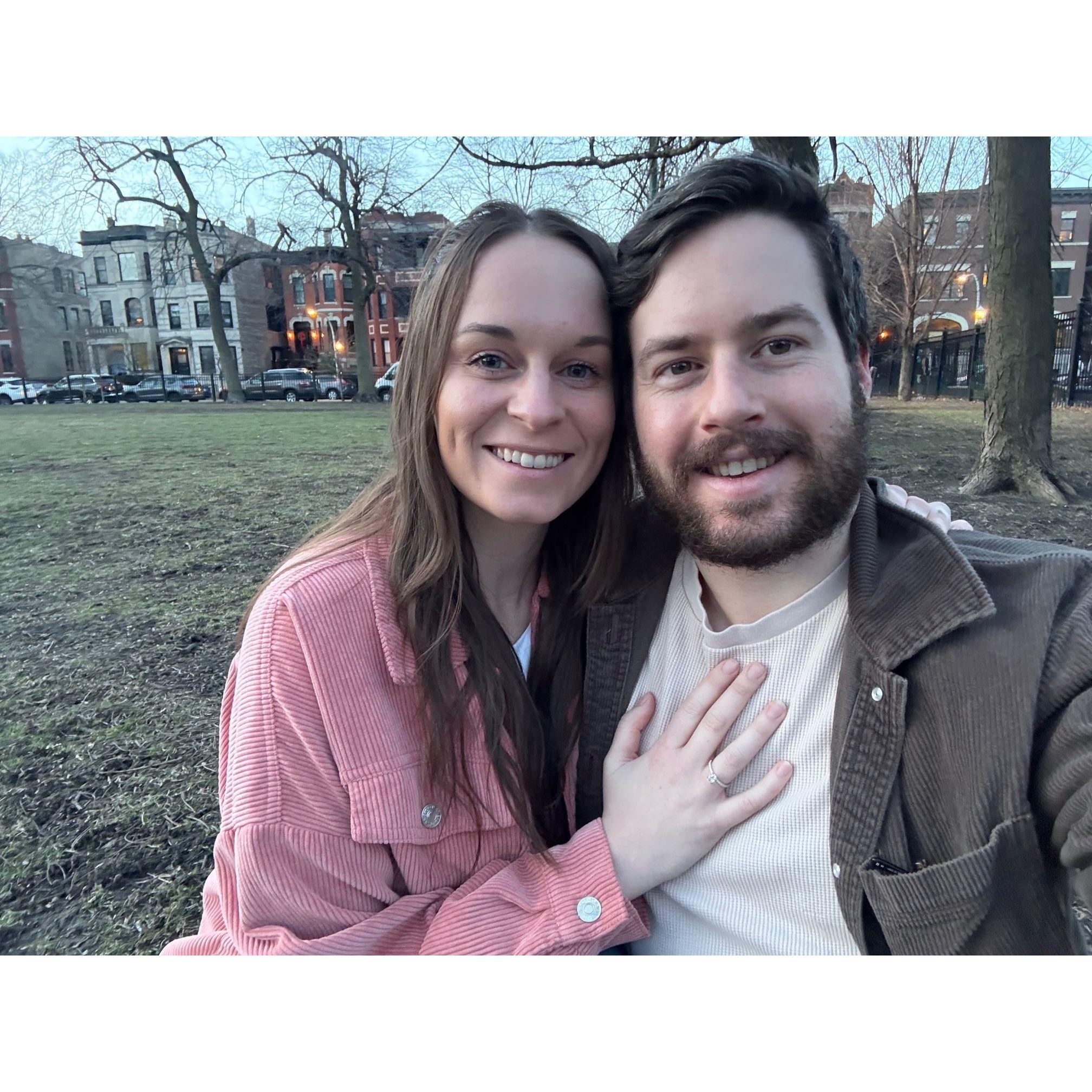 March 18, 2025: The evening Josh and Courtney got engaged at a park in their neighborhood. They had a sushi and wine picnic before Josh popped the question!
