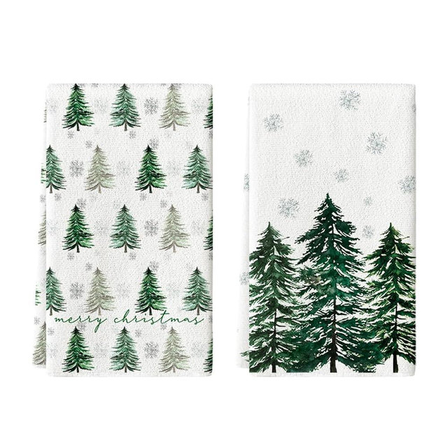 Artoid Mode Green Xmas Tree Merry Christmas Kitchen Towels Dish Towels, 18x26 Inch Farmhouse Snowflakes Winter Decoration Cleaning Set of 2