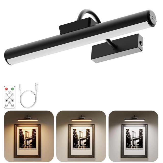 Skairipa Picture Light, Wireless Picture Light with Remote, Battery Operated 5000mAh, 3 Color Modes and Dimmable LED Lights with Timer for Paintings, Gallery, Wall, Dartboard, Bedroom (Black-1Pack)