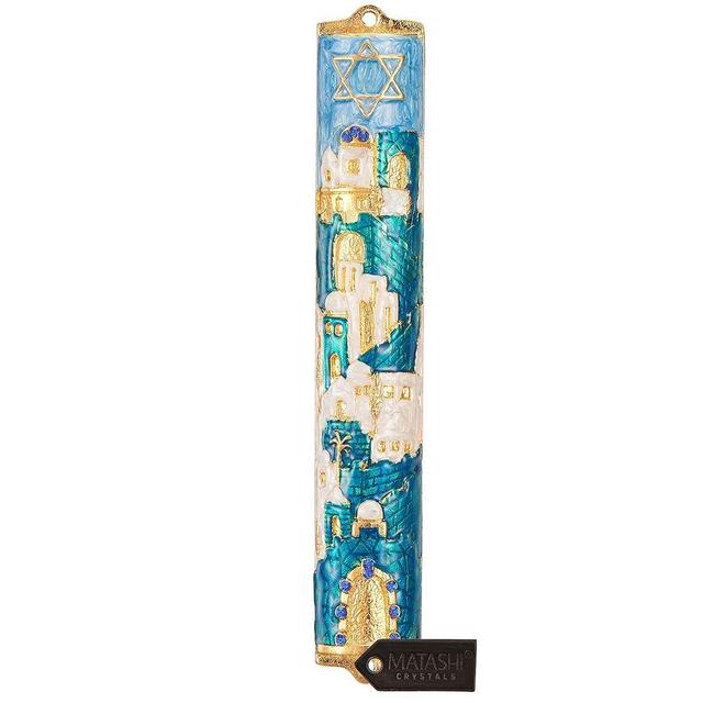 Matashi Hand Painted Blue and Ivory Enamel Jerusalem Cityscape Mezuzah with Gold Accents and a Star of David Crystals Home Door Wall Decor Housewarming Present for Festival (5.5 inch)