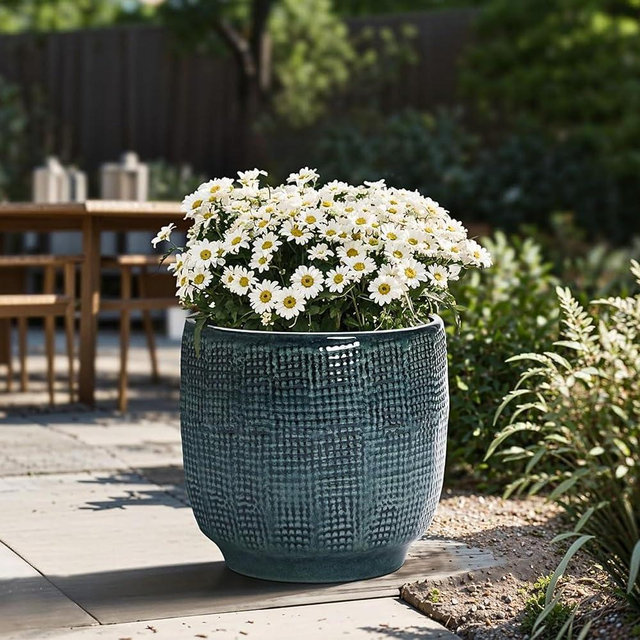 LuxenHome 12" Dia Large Ceramic Pots for Plants, Modern Green Glazed Planters for Outdoor Plants, Round Indoor Flower Pots with Drainage Hole and Rubber Plug for Home Garden Patio