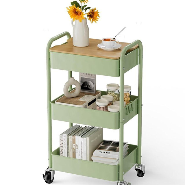 johgee 3 Tier Rolling Cart with Table top, Metal Rolling Utility Cart, Sturdy Storage Organizer Cart with Locking Wheels & Hooks for Office, Classroom, Kitchen and Bathroom