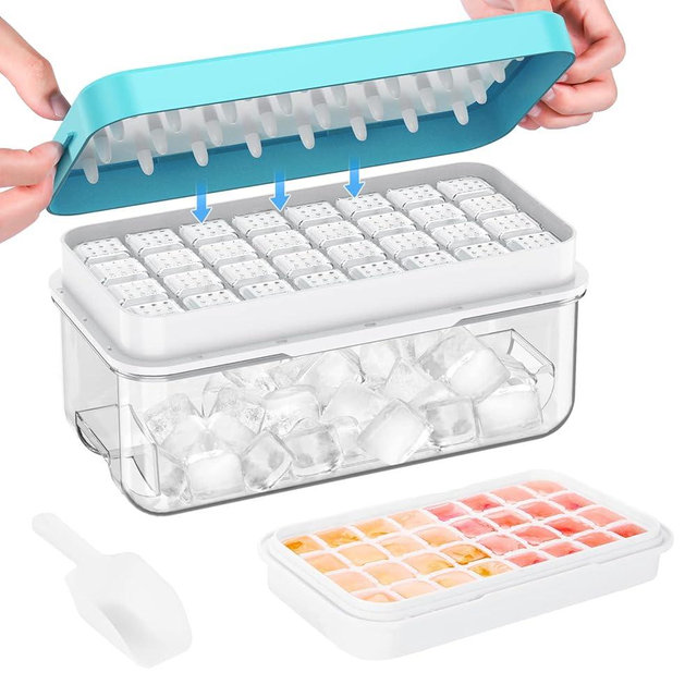 Ice Cube Tray with Lid and Bin, 32 pcs Ice Cubes Molds, Ice Trays for Freezer, Ice Cube Tray Mold, with 1 tray, Ice Freezer Container, Spill-Resistant Removable Lid & Ice Scoop, for Whiskey,Cocktail
