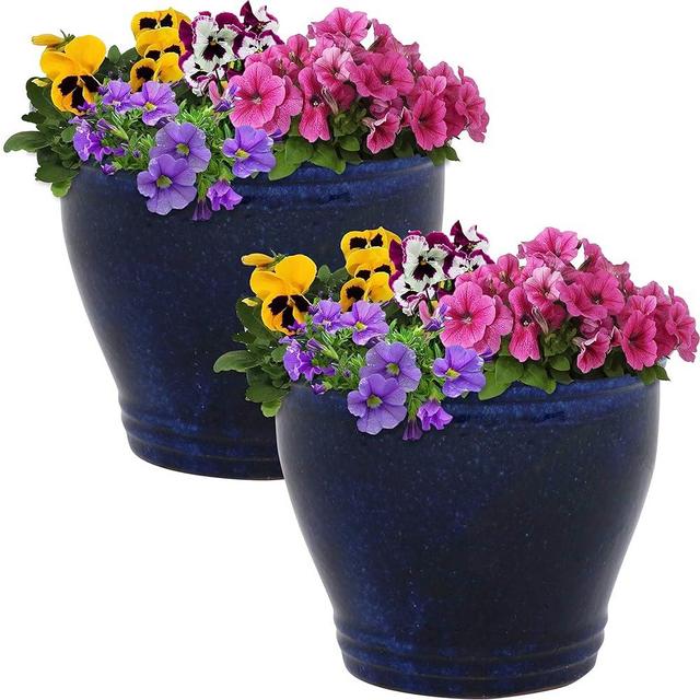 Sunnydaze Studio Ceramic Indoor/Outdoor Planter - Set of 2 - UV- and Frost-Resistant - Imperial Blue Glazed Finish - 11-Inch