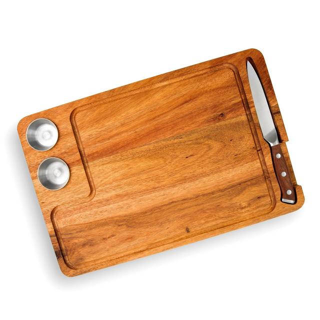 Yukon Glory Premium 100% Acacia Steak Board Set with Juice Groove, Steak Knife, and Condiment Cups