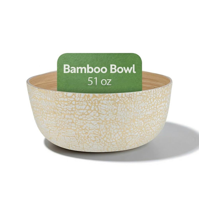 Restaurantware Bamboo Salad Bowl 1 Count 51 Oz Greaseproof Freezable Round Serving Bowl, Hot and Cold Food Friendly Handmade Bamboo Serving Utensils, Beige