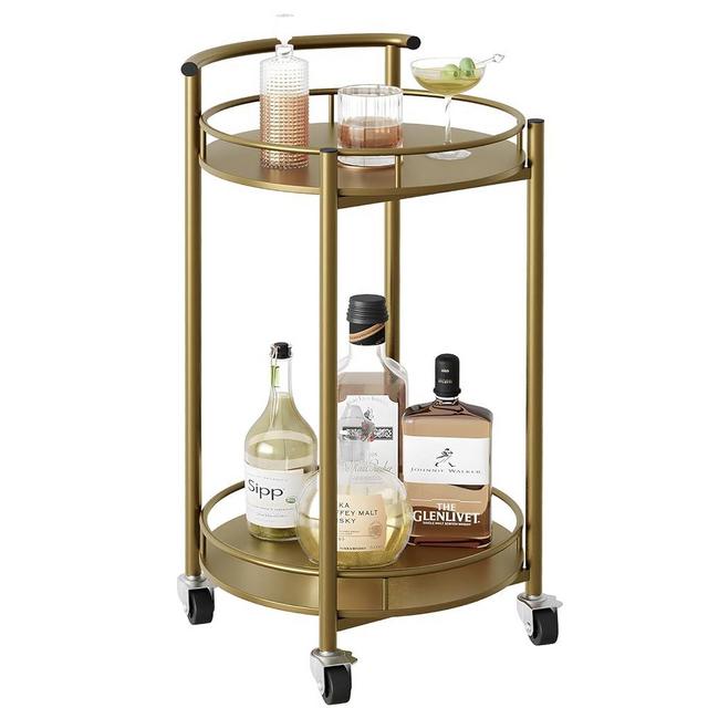 Azheruol Bar Cart Gold Rolling Cart for Home,2 Tiers Bar Serving Cart Round Wine Cart with Handle, Metal Wine Rack and Casters, Serving Bar Trolley for Home Kitchen,Living Room,Christmas,New Year