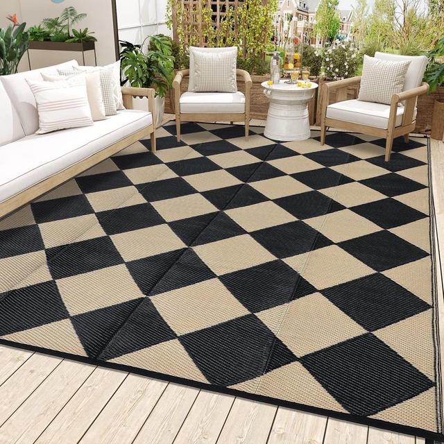 Outdoor Rug 8'x10' Waterproof Patio Rug, Reversible Lightweight Plastic Carpet for Deck Balcony Porch Decor, Black and Coffee