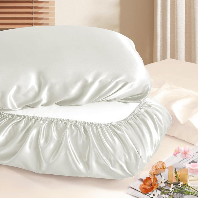 Manyshofu Satin Pillowcases for Hair Protection - 2Pcs White Pillow Cases, Elastic Band Standard & Queen Satin Pillowcases Luxury Silky Pillow Cases Travel Pillow Covers