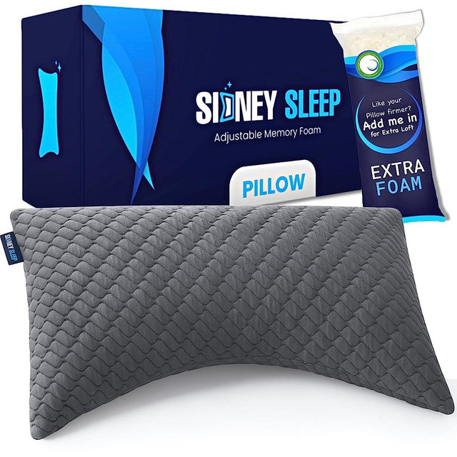 Sidney Sleep Side and Back Sleeper Pillow for Neck and Shoulder Pain Relief - Memory Foam Bed Pillow for Sleeping - 100% Adjustable Fill - Queen Size Washable Case - Extra Fill Included (Queen, Grey)