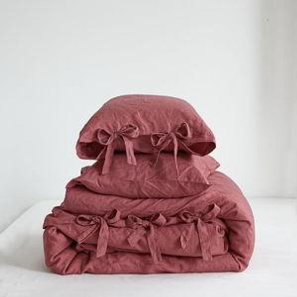 Simple&Opulence 100% French Linen Duvet Cover Set, 3 Pieces Belgian Flax Breathable Bedding, Queen Size 88''x92'' (1 Comforter Cover+2 Pillowshams) with Tie Closure Style, Red