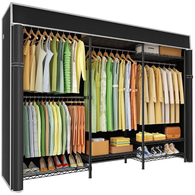 Ulif E13C Heavy Duty Closet Organizer System，Freestanding Clothing Racks for Hanging Clothes，Adjustable Garment Rack 63" W x 16" D x 77" H Hold 960 lbs，Black Clothing Rack with Black Dustproof Cover