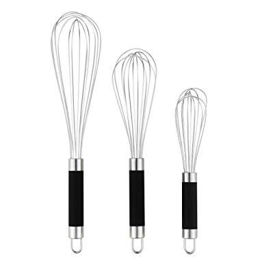 Set of 3 Stainless Steel Whisks with Silicone Whisk handles. Milk & Egg Beater Balloon Metal Whisk for Blending, Whisking, Beating and Stirring. Whisks for cooking by Dragonn. (Stainless Steel)