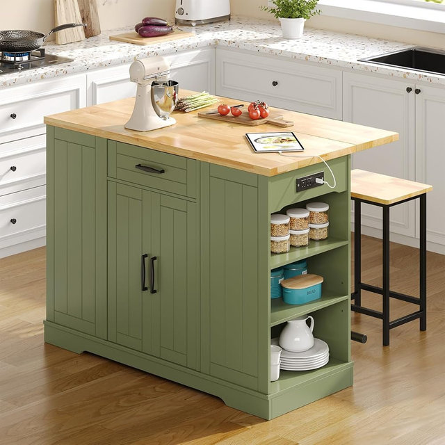 Lefurture 47" Kitchen Island with Seating, Stationary Island Table with Storage Include 2 Chairs, Kitchen Islands with Drop Leaf, Dining Table with Trash Cabinet & Power Outlet & Spice Rack, Green