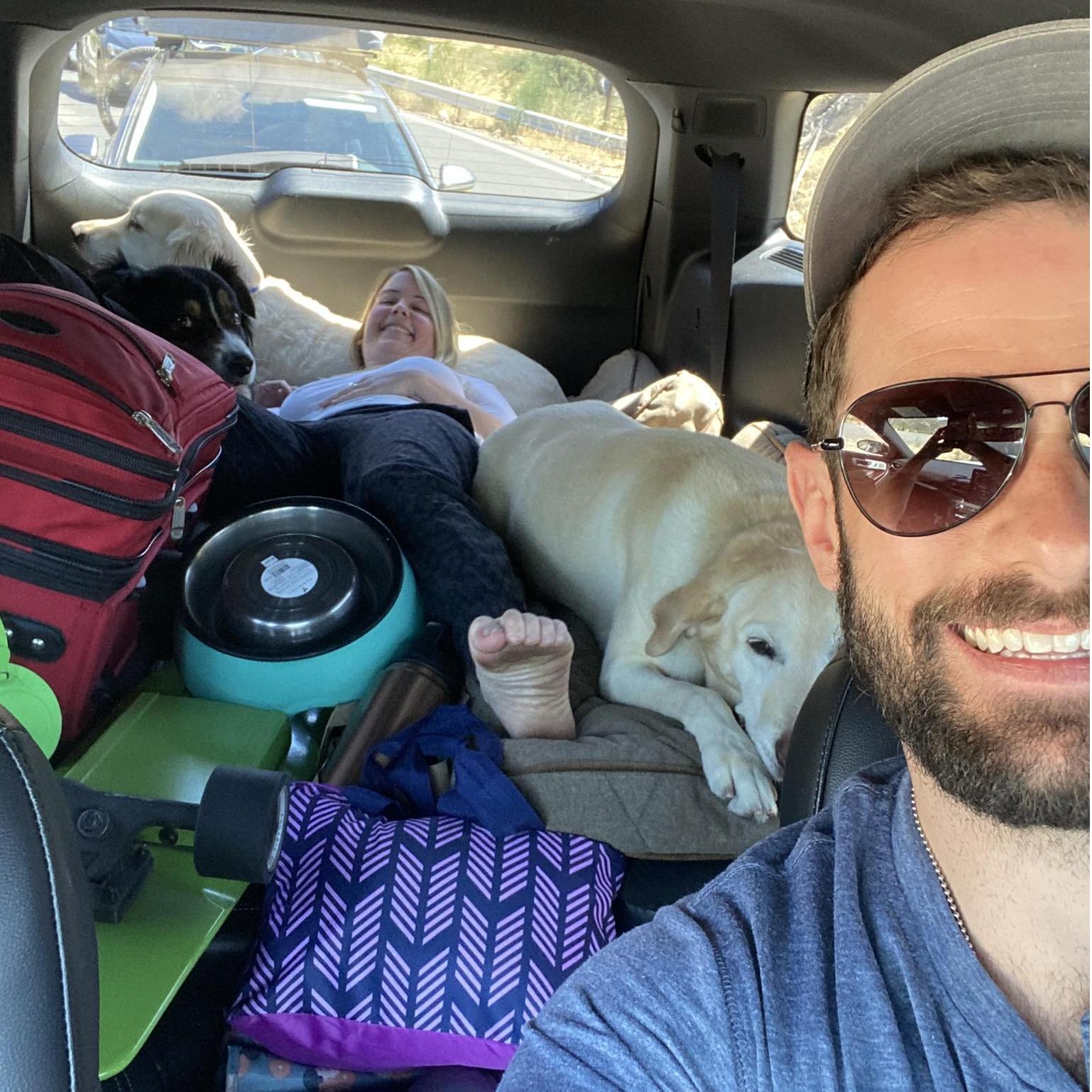 Hours of traffic down the mountain from Big Bear requires some lounging with the pups