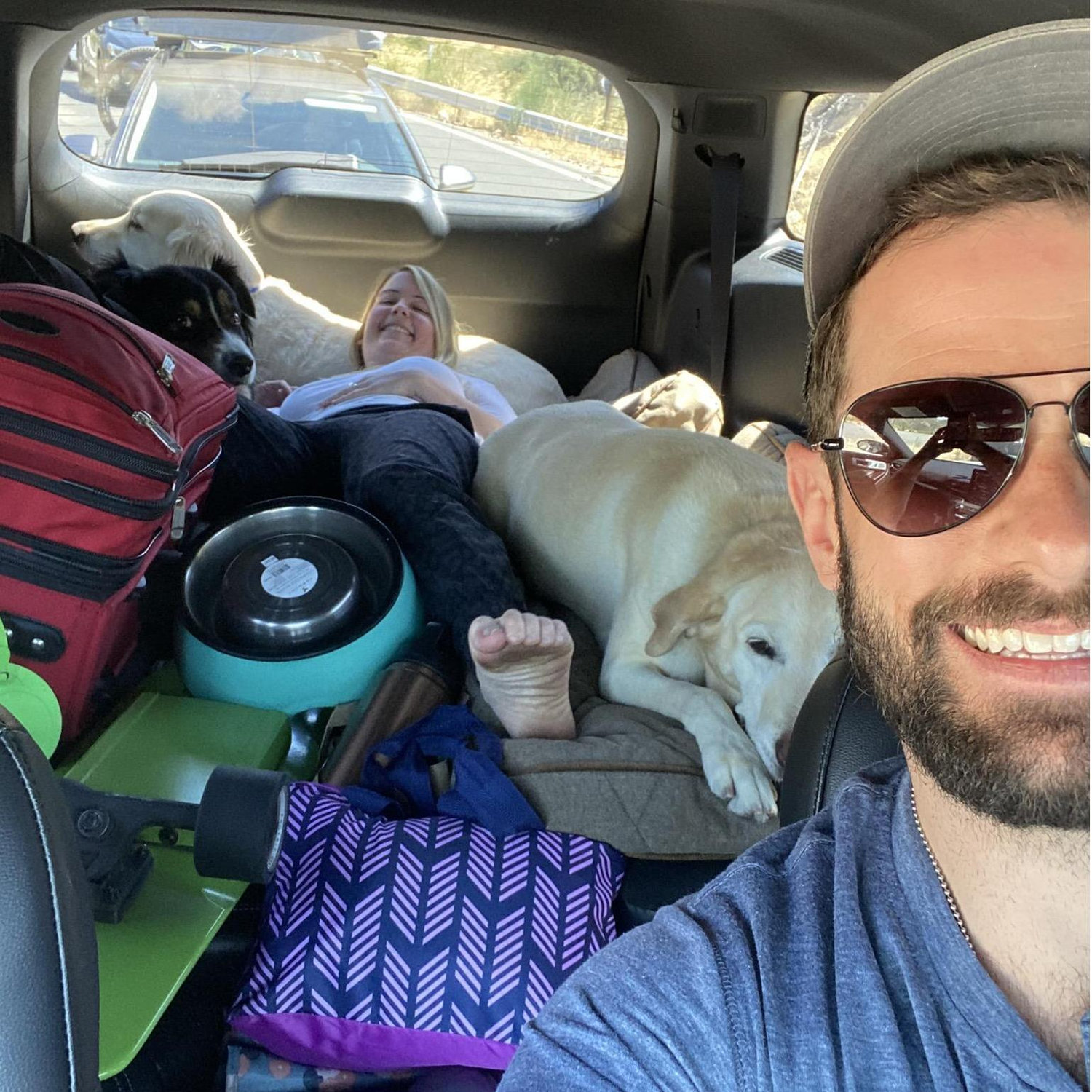 Hours of traffic down the mountain from Big Bear requires some lounging with the pups