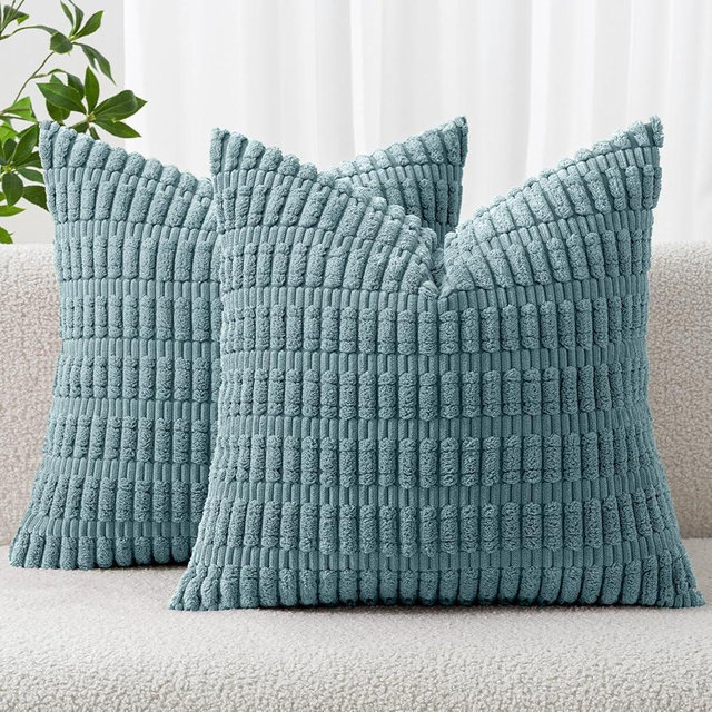 MIULEE Pack of 2 Corduroy Decorative Throw Pillow Covers 20x20 Inch Soft Boho Striped Pillow Covers Modern Farmhouse Home Decor for Summer Coastal Sofa Living Room Couch Bed Coastal Blue