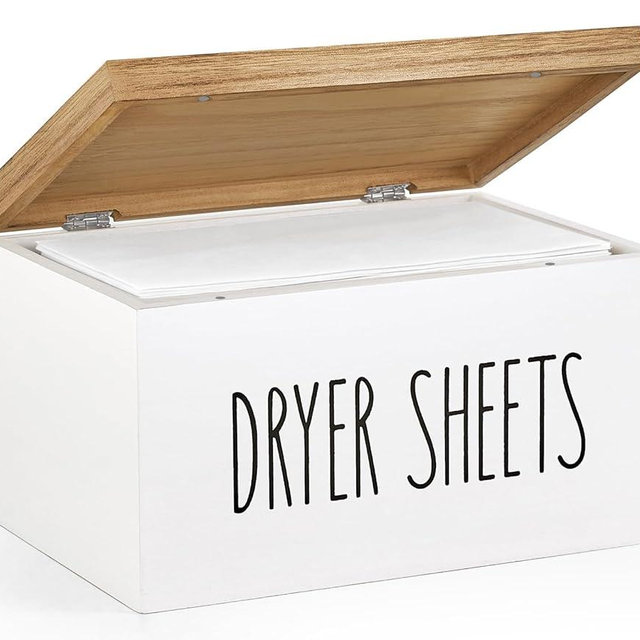Dahey Dryer Sheet Holder with Lid Wooden Laundry Sheet Container Dispenser for Farmhouse Laundry Room Organization Decor, Versatile Storage Box for Softener Pods and Accessories, White