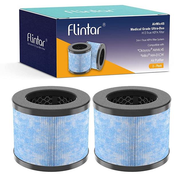 Flintar True HEPA Filter Replacement, Compatible with Okaysou AirMic4S and Miko C102 IBuki Air Purifier, 3-in-1 Pre-filter, H13 Grade True HEPA and Activated Carbon Filter Set, 2-Pack