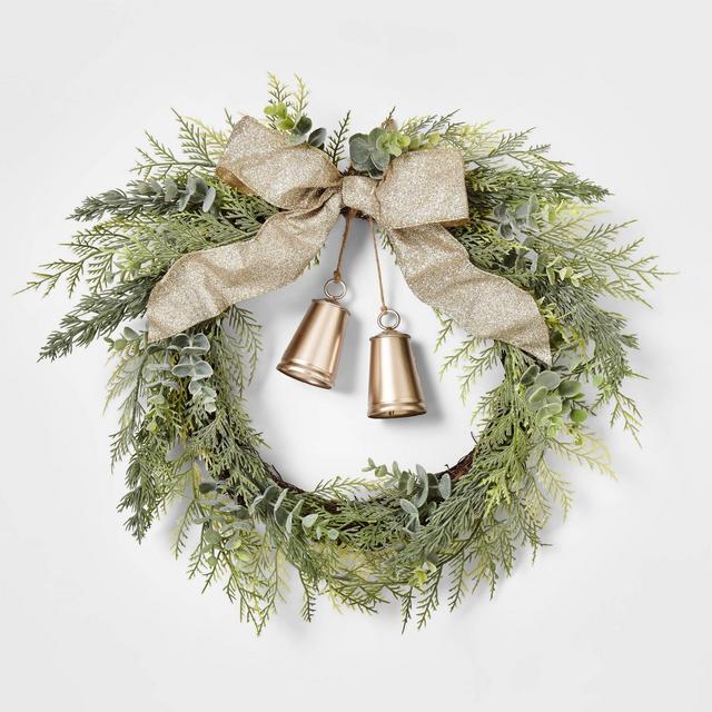20in Unlit Cedar Eucalyptus with Gold Bells & Champagne Ribbon Bow Wreath - Wondershop™